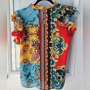 New York & Company Red and Blue Graphic Ruffled Blouse